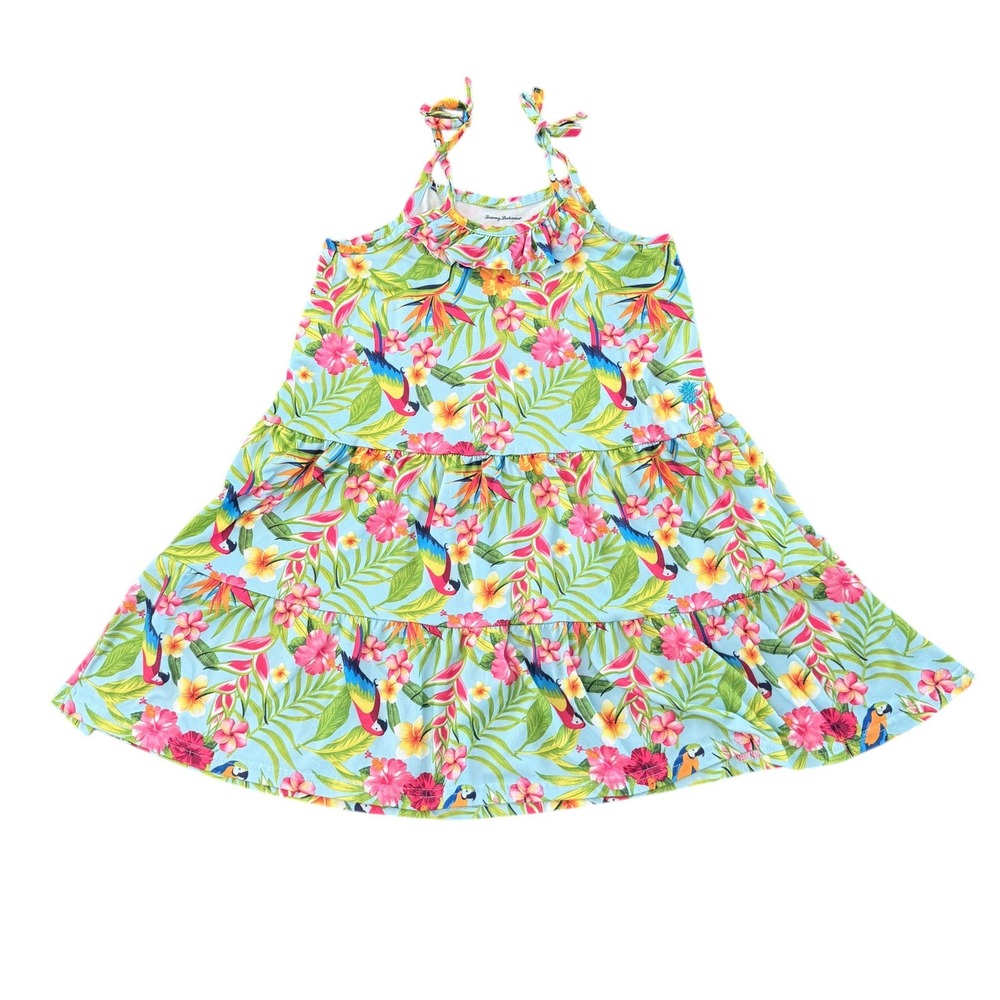 Tommy Bahama Tropical Parrot Floral Tiered Ruffle Dress 6 Blue Summer Beach Sun